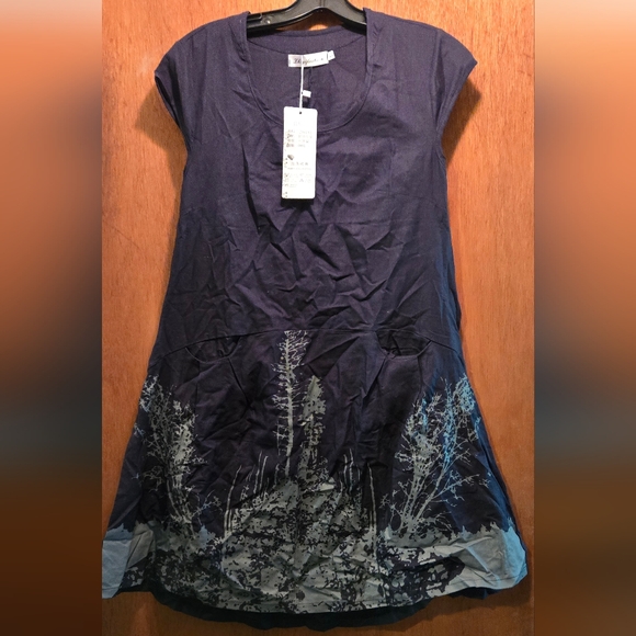 Kids Navy Blue Dress with Tree Forest Print SzL - Picture 2 of 9